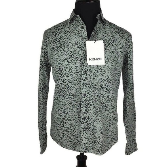 KENZO Cheetah Print Button Up Shirt Sage Leopard Print Animalier Cotton Ret $230 - Picture 3 of 6